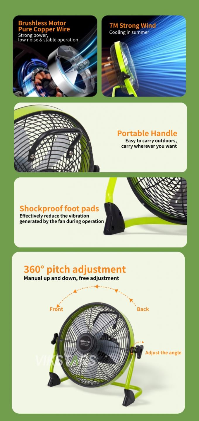 Quạt di động ngoài trời có thể sạc lại gia dụng khẩn cấp 12 inch 14 inch Quạt sàn năng lượng mặt trời Quạt năng lượng mặt trời yên tĩnh 8